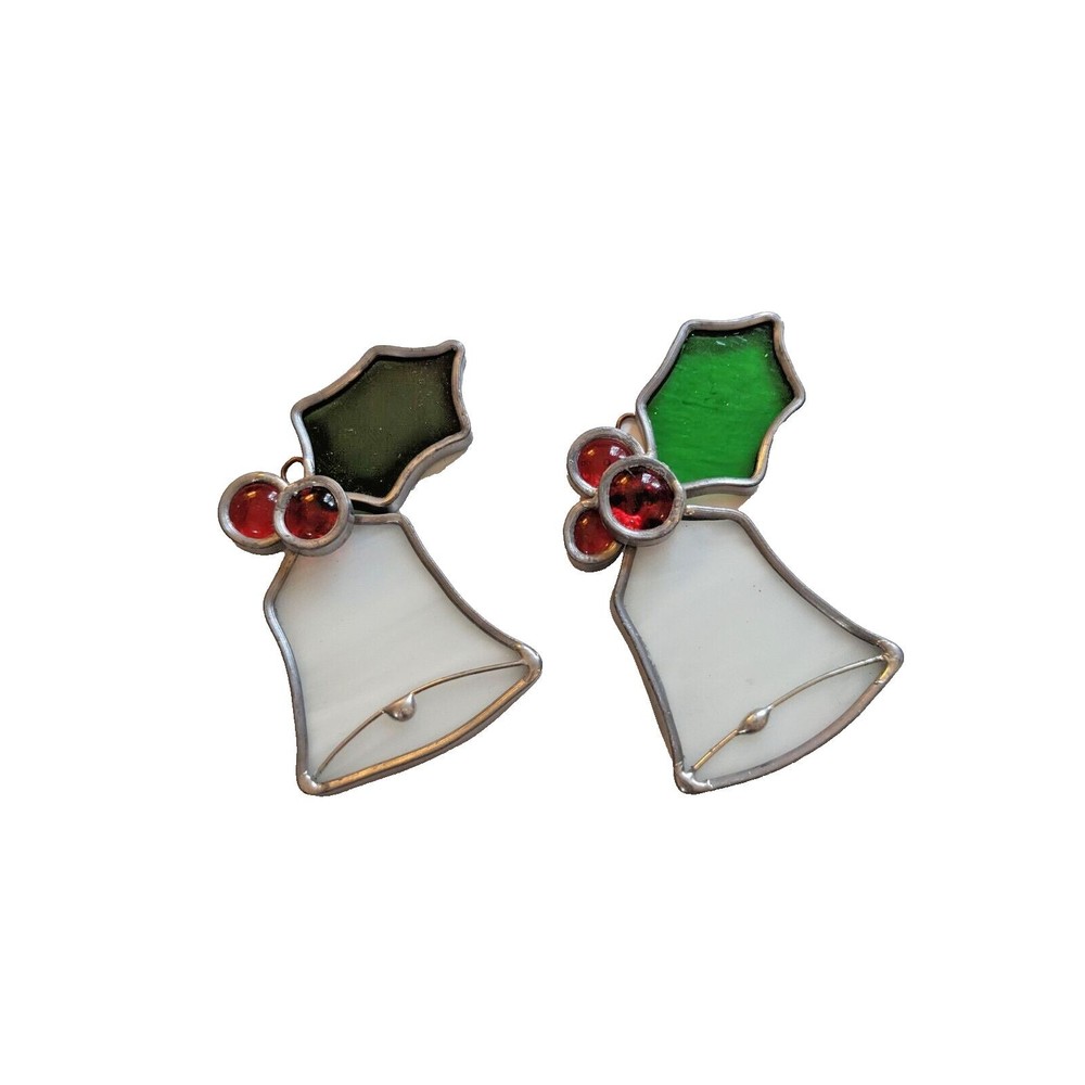 Set of 2‎ Vintage Stained Glass Bell with Holly Ornaments Christmas Suncatcher